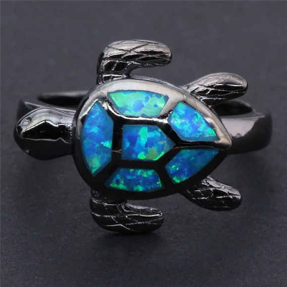 10kt Black Gold Blue Fire Opal Sea Turtle Ring - Picture 2 of 5